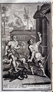 Ulises llega a la casa del Pastor Eumeo, o puede ser devorado por perros. Ilustración para el libro XIV de la Odisea de Homero, en la Odisea, publicada en Ámsterdam en 1731, Colección privada Milán.