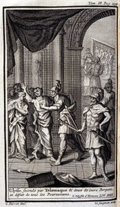 Ulises secundado por Telémaco y dos de sus pastores dispersan a todos los perseguidores. Ilustración para el libro XXII de la Odisea de Homero, en la Odisea, publicada en Ámsterdam en 1731, Colección privada Milán. de Flemish School
