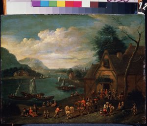 Una taberna a la orilla del mar. Pintura de un maestro flamenco, óleo sobre tabla, 30 x 35 cm. Escuela flamenca de los siglos XVI-XVIII. Museo Estatal Arkhangelskoye Estate, Moscú. de Flemish School