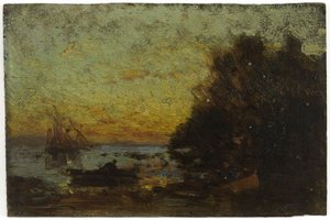 Barco y veleros, puesta de sol. En el reverso: Marina, entre 1850 y 1860 (óleo sobre madera) de Félix Ziem