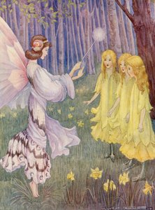 En el lugar de los narcisos había tres hermosas doncellas altas (litografía en color)