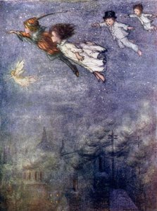 Peter y los niños volando por la noche (litografía en color) de Flora White