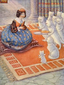 Los gatos trajeron a la princesa pastel de ratón (litografía en color)