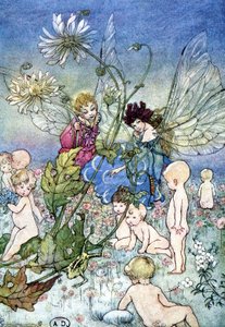 Mujer-libélula (hada) y elfo rodeados de bebés - en "Mi Tierra de Hadas" por Fiona Malcom, il. Florence Anderson de Florence Anderson