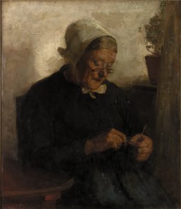 Vieja tejiendo (óleo sobre lienzo) de Florence Engelbach