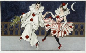 Pierrot y Colombina bailando a la luz de la luna - dib. por Florence Hardy, principios del siglo XX