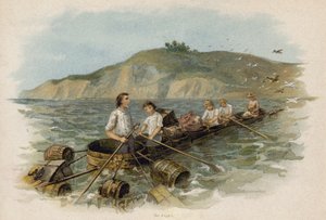 Escena de La familia suiza Robinson: acercándose a tierra en el bote de la bañera (cromolito)