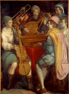 Concierto. Músicos de laúd, espineta, trombón y viola de gamba. Pintura anónima de la Escuela Florentina 1550-1600 de Florentine School