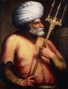 Retrato de Khair el-Din Barbarossa, medio cuerpo, sosteniendo un tridente