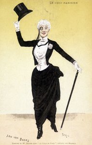El chic parisino (dandy - dandysmo): Traje de Mademoiselle Réjane en "El corazón de París". Traje del diseñador de moda Jan Van Beers (1852-1927), ejecutado por Redfern. Dibujo de Florian de Florian