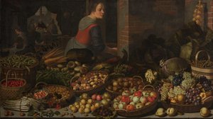 Bodegón con frutas y verduras, con Cristo de Emaús al fondo de Floris Gerritsz van Schooten