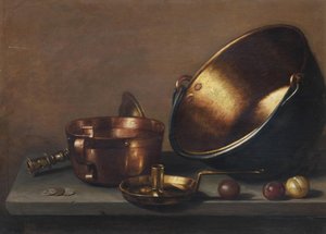 Bodegón con cacerolas de cobre, utensilios y ciruelas sobre una repisa de piedra de Floris van Schooten