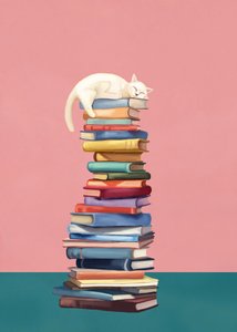 Un gatito acurrucado sobre libros de colores de Flow Line