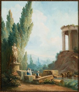 Paisaje con las ruinas del Templo de la Sibila en Tívoli de Follower of Hubert Robert