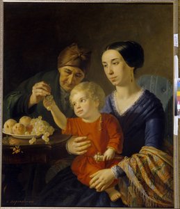 Retrato de familia. Un bebé con un sonajero, en el regazo de su madre, recibe unas uvas regaladas por su abuela. Pintura de Foma Gavrilovich Toropov (1821-1898), óleo sobre lienzo de Foma Gavrilovich Toropov