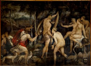 Diana (Artemisa), diosa de la caza, y Acteón, cazador. Pintura de la Escuela de Fontainebleau (siglo XVI)
