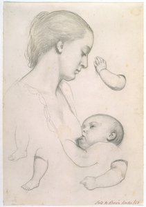 Comida del infante - Estudio de una madre y un niño con estudios separados del brazo y la pierna del niño, 1848 de Ford Madox Brown