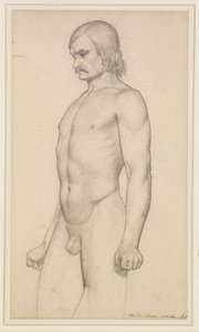 Desnudo masculino - Estudio académico, desnudo de tres cuartos, con bigote y puños cerrados de Ford Madox Brown