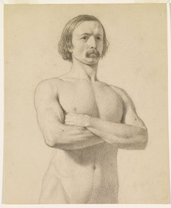 Desnudo masculino - Estudio de desnudo académico, de medio cuerpo con bigote y brazos cruzados de Ford Madox Brown