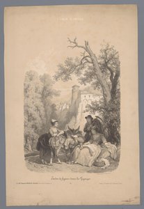 Compañerismo con un burro frente a un pueblo de montaña italiano Estudios de figuras en un paisaje (título de serie) L