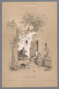 Padres con hijos en su casa de pueblo Estudios de figuras en un paisaje (título de serie) L