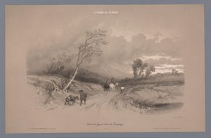 Viajeros en un camino rural en tiempo tormentoso Estudios de figuras en un paisaje (título de serie) L
