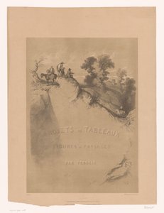 Impresión de título con paisaje rocoso y viajeros a lo largo de un desfiladero Estudios de paisajes y figuras de Férogio (título de la serie) Projets de tableaux de figures et paysages, par Férogio (título de la serie sobre el objeto)