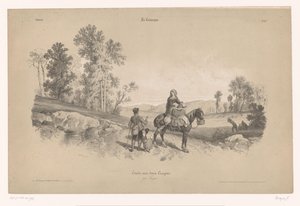 Mujer a caballo con hombre y niño en un paisaje. Estudios de escenas rurales con dos tipos de tiza (título de la serie) La Campaña. Etude aux deux crayons, par Férogio (título de la serie sobre el objeto)