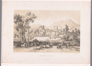 Vista de un pueblo con mercado de bestias en un valle
Le Marché aux Bestiaux (título en el objeto) de Fortuné Ferogio