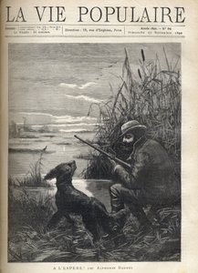 Un cazador de aves observa en un pantano con su perro. Ilustración de F. Meaulle para "¡Ojalá!" de Alphonse Daudet (1840-1897). Grabado de 1890 en "La vie populaire". Colección privada