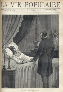 Un hombre abrumado por la tristeza, de pie junto a la cabecera de una cama, sostiene la mano de su amada mujer muerta. En la mesita de noche, una vela encendida y un crucifijo. En el dintel de la chimenea, una copa y una escultura de mujer con traje antigu de Fortune Louis Meaulle