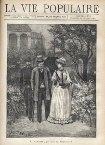 Un hombre con muletas camina con una joven elegante en los pasillos de un parque. Un segundo hombre los sigue. Ilustración de Fortune Louis (Fortune-Louis) Meaulle para "El inválido" de Guy de Maupassant (1850-1893). Grabado de 1891 en "La vie populaire" de Fortune Louis Meaulle