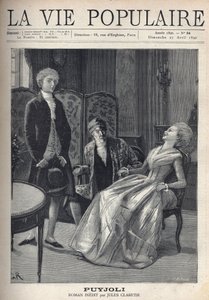 Un joven rubio guapo, con mala apariencia, acaba de hacer su propuesta, ve a la chica reírse, derramada sobre su silla, bajo la mirada atónita de su padre. Ilustración para Puyjoli por Jules Claretie (1840-1913). Grabado por Fortune Meaulle (184) de Fortune Louis Meaulle