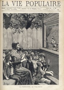 Una mujer en medio de un grupo de niños aplaude un espectáculo de marionetas (Guignol) (Ilustración de Fortune Meaulle para 