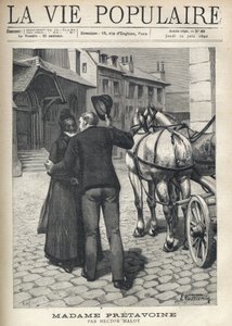 Un joven alerta y vivaz, saliendo de un coche en la plaza empedrada de una ciudad provincial, abraza con entusiasmo a su vieja madre, digna, velada y vestida de negro, levantando la mitad de su sombrero redondo. Ilustración de E. Vulliemin para Madame Pret