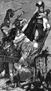 Andromaque: detalle de un grabado (1883) de Meaulle sobre un cuadro de Georges Antoine Rochegrosse (1859-1938). A manos de los soldados griegos, Andromaque intenta retener a su hijo Astyanax, llevado por un hoplita tracio. Al principio de la sta de Fortune Louis Meaulle