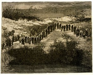 Alineaciones del menhir de Carnac. Dibujo de Victor Hugo grave por Meaulle. Extracto del texto de Hugo (En voyage en Bretagne de Fortune Louis Meaulle