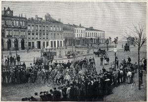 Salida de la carrera ciclista Burdeos-París en 1891 - grabado por Meaulle de 1891 de Fortune Louis Meaulle
