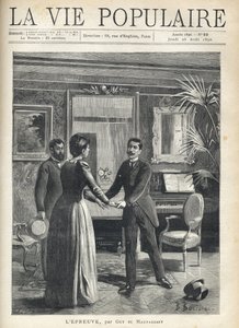 En un salón burgués, un hombre se precipita hacia la dueña de la casa y le agarra las manos, dejando caer su sombrero al suelo, bajo la mirada asombrada de otro hombre. Ilustración de Bernard Borione (1865-20th century), para la prueba de Guy de Fortune Louis Meaulle