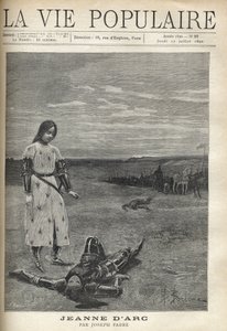 Frente a la tropa de caballeros armados, Juana de Arco con armadura, cabeza descubierta, mira con tristeza el cuerpo de un caballero muerto, su cabeza bañada en un charco de sangre. Ilustración de Bernard Borione (1865-siglo XX), para Juana de Arco de Jose de Fortune Louis Meaulle