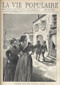 En las calles de un pueblo de Provenza, dos mujeres bonitas con vestidos provenzales se vuelven hacia la calle para enfrentar a un hombre que se dirige confiado hacia sus ojos. Ilustración de Montegut para El Hombre Popular por Frederic Mistral (1830-1914) de Fortune Louis Meaulle