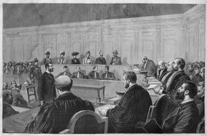 El escándalo de Toulon en 1891: asunto Fouroux - Jonquieres - la sala de audiencias, declaración de los testigos - Grabado de Meaulle en “El diario ilustrado” de 1891 de Fortune Louis Meaulle