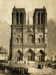 Notre-Dame de París en 1482: fachada oeste y parvis. Grabado de F. Meaulle, basado en un dibujo de Viollet le Duc (Viollet-le-Duc) que ilustra la novela homónima de Victor Hugo, edición Ollendorff principios del siglo XX. Abajo a la izquierda,