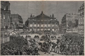 Disturbios en París objetando la representación de “Lohengrin” de Richard Wagner en el Palais Garnier 1891 - Demostración patriótica, plaza de la Ópera, en París en 1891 durante la primera representación de “Lohengrin” de Richard Wagner - Grabado de Fortu