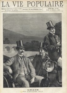 Dos hombres con traje y sombrero de copa montados en un carruaje tirado por caballos, conducido por un cochero. Se dirigen a lo largo de un río. Ilustración para Caos por Alexandre Hepp (1857-1924). Grabado por Fortune Meaulle (1844-1901) de Fortune Louis Meaulle