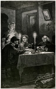 Victor Hugo "Los Miserables" Ilustración de Lix grabada por Meaulle: el Forcat y la Eveque. Jean Valjean, a quien la eveque Myriel ofreció el hospital, cometerá su última fuga: la vajilla de plata de su anfitrión. Sobre la mesa, los dos candelabros de plat de Fortune Louis Meaulle