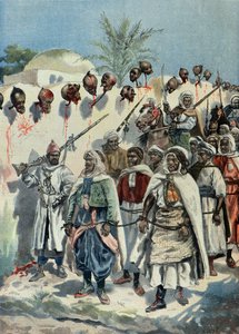 Insurgentes marroquíes encarcelados pasan junto a las cabezas cortadas de sus compañeros en 1897 (Grabado) de Fortune Louis Meaulle