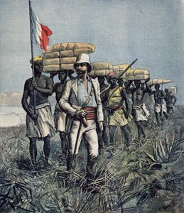 Teniente Mizon (1853-99) en su misión de exploración del área del río Benue en Nigeria, de 