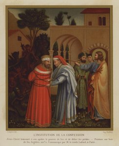 La institución de la confesión (litografía a color) de Fra (after) Angelico