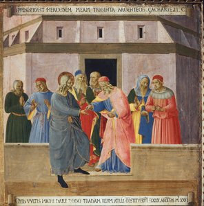 Judas fue a los principales sacerdotes y acordó entregar a Jesús a cambio de treinta monedas de plata. Vida de Cristo, Armadio degli Argenti de Fra  Angelico
